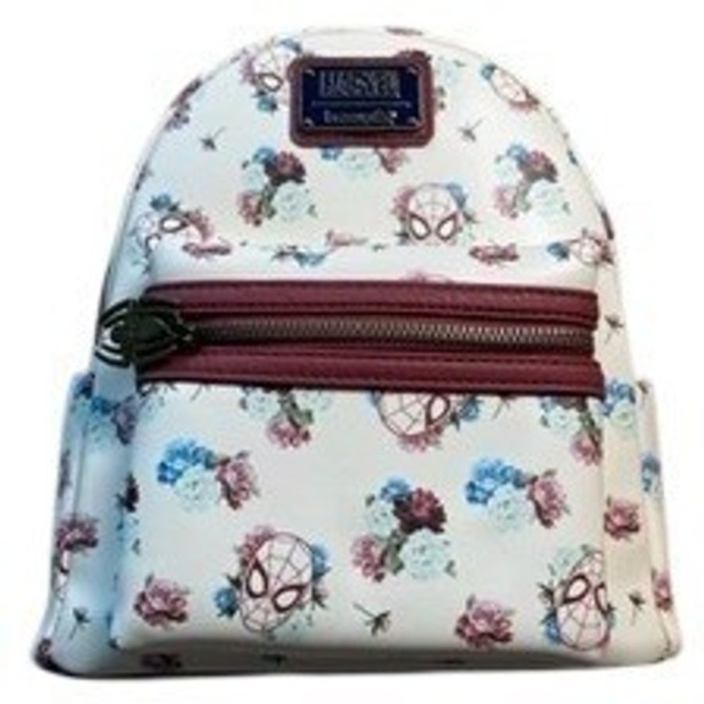 Loungefly Marvel Spider-Man Floral Mini Backpack Cream Burgundy Faux Leather NEW